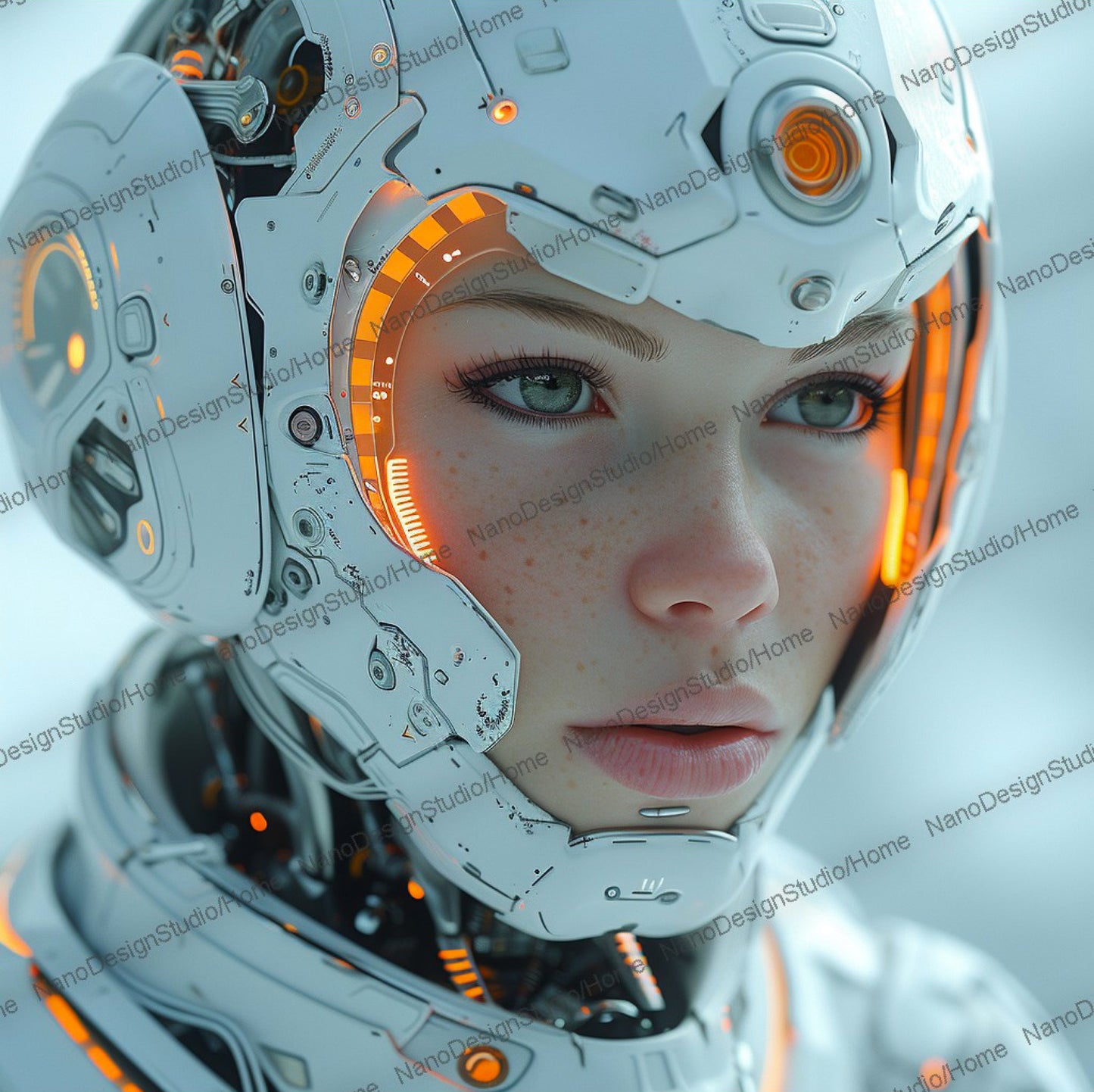 Portrait d'une femme dans une combinaison spatiale blanche avec des néons oranges.