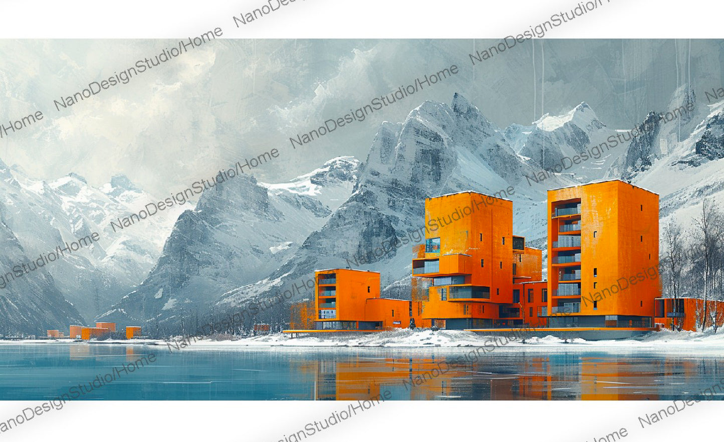 Bâtiments aux couleurs vives et détaillés sur fond de majestueuses montagnes et d'un lac paisible au premier plan.