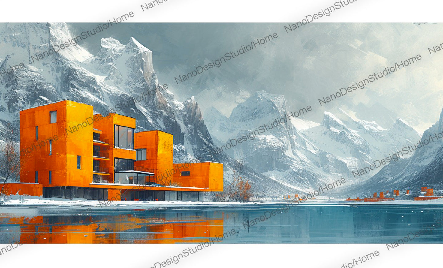 Bâtiments aux couleurs vives et détaillés sur fond de majestueuses montagnes et d'un lac paisible au premier plan.