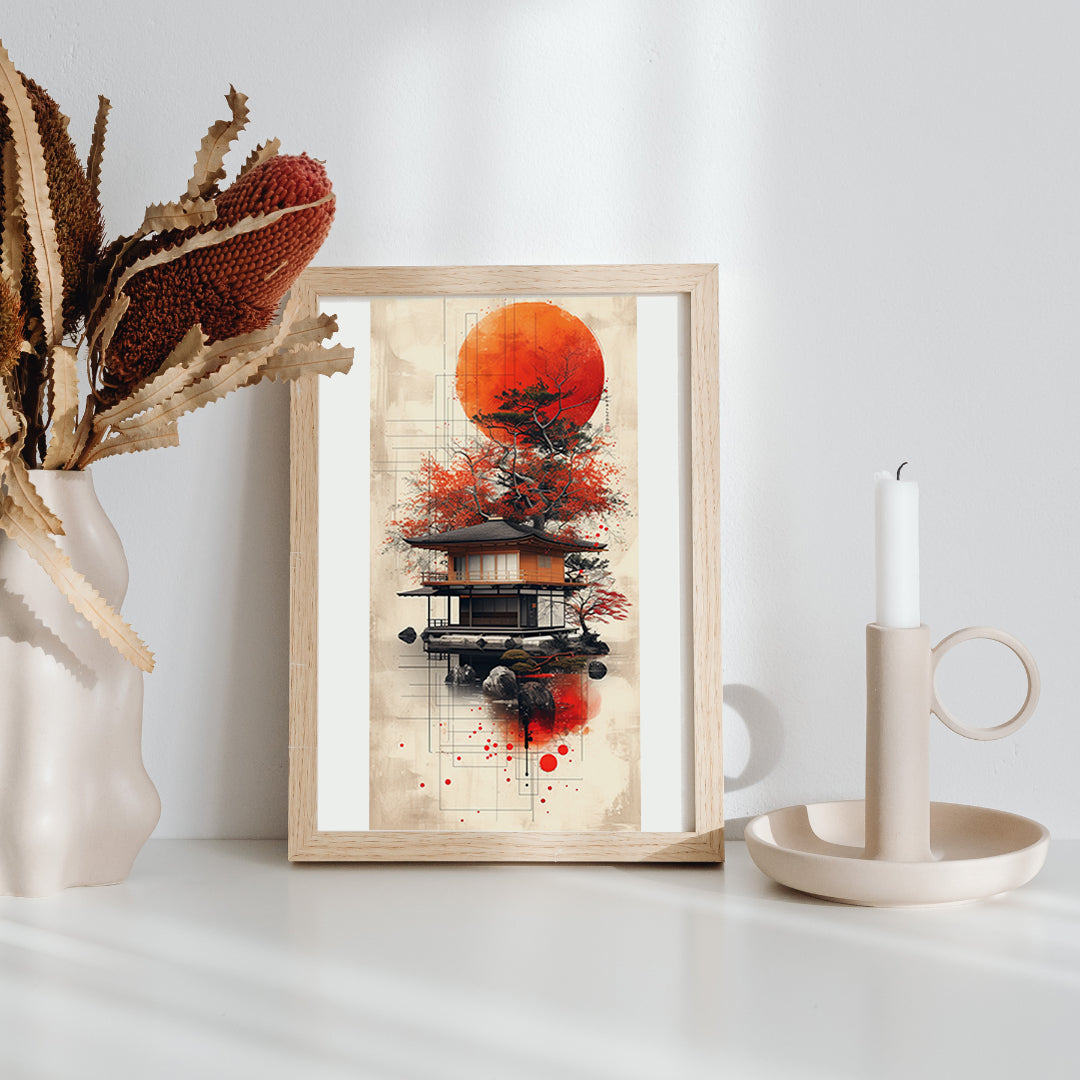 Image dans un petit cadre en bois couleur hêtre posé sur une table blanche.