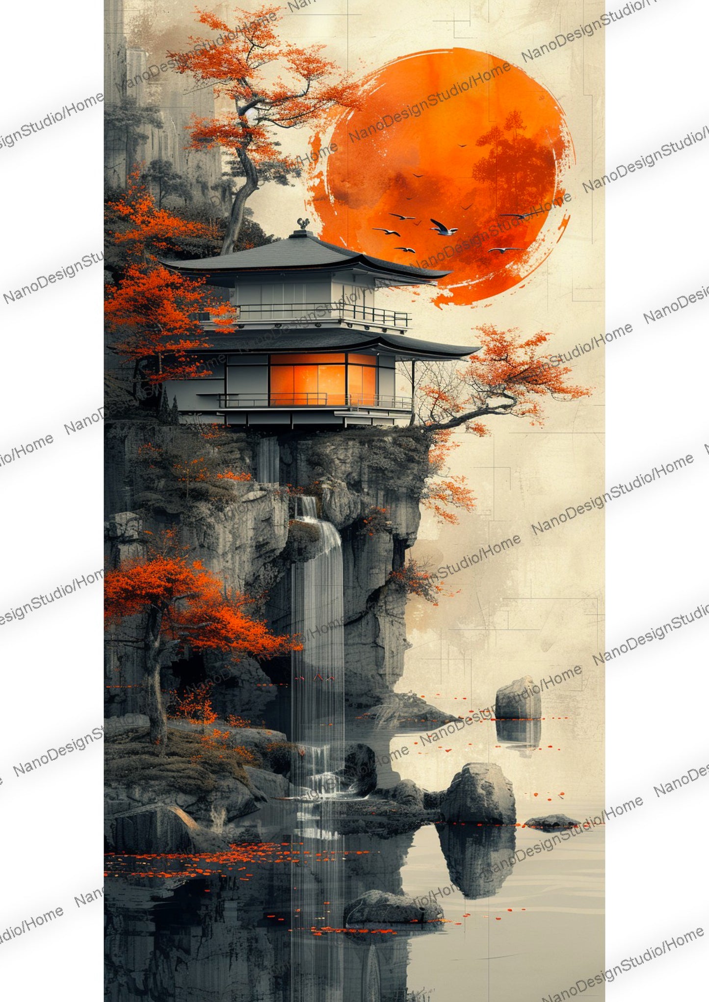 Maison japonaise moderne sur fond d'un soleil orange vibrant et d'une cascade, fusionnant des éléments traditionnels avec un design contemporain. Des feuillages détaillés ajoutent de la richesse à la composition avec une palette de couleurs rouge foncé et noir évoquant un sentiment de mystère et d'intrigue.