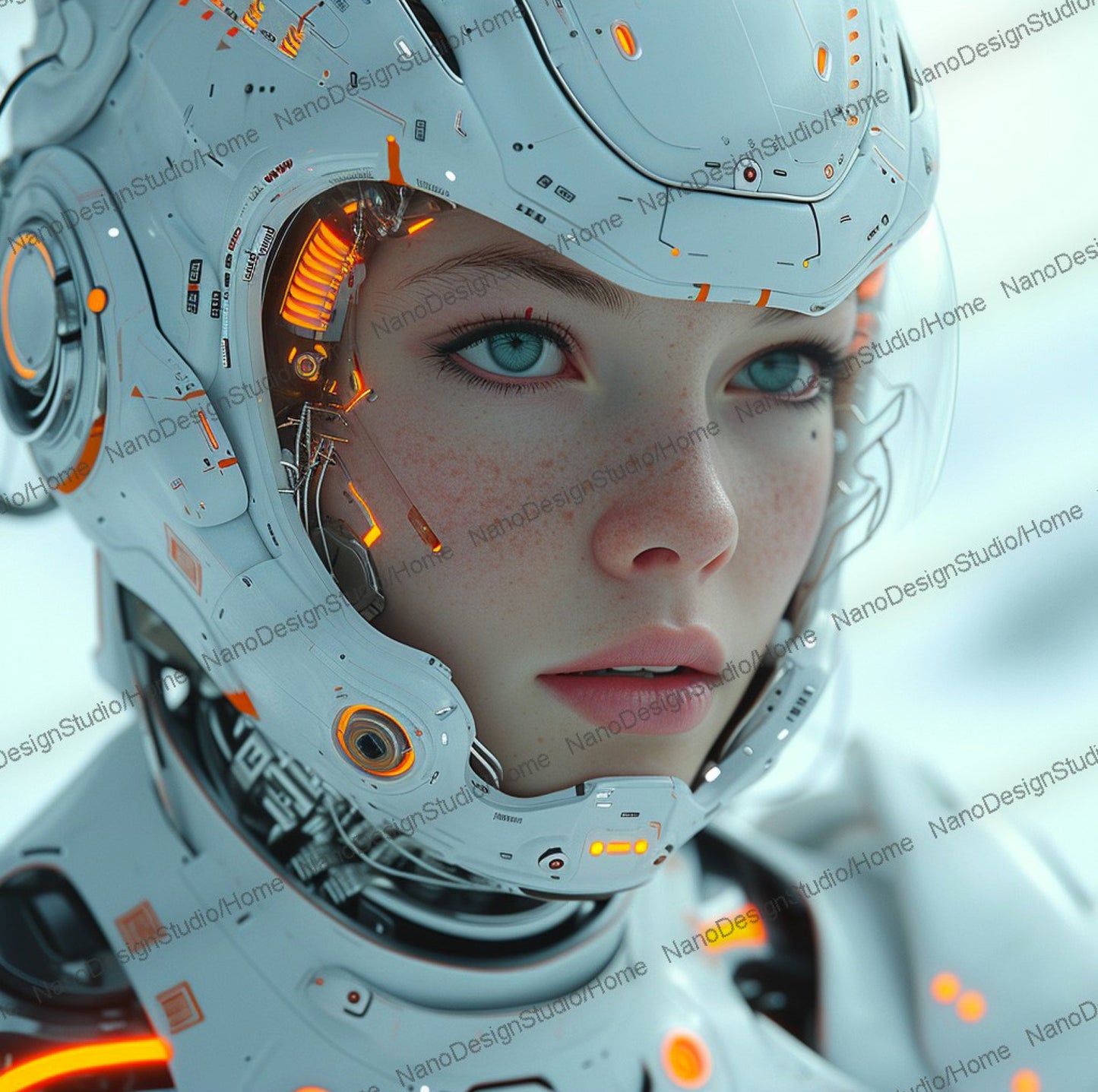 Portrait d'une femme dans une combinaison spatiale blanche avec des néons oranges.