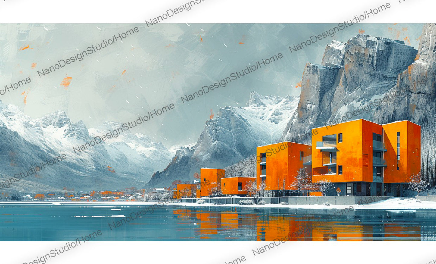 Bâtiments aux couleurs vives et détaillés sur fond de majestueuses montagnes et d'un lac paisible au premier plan.