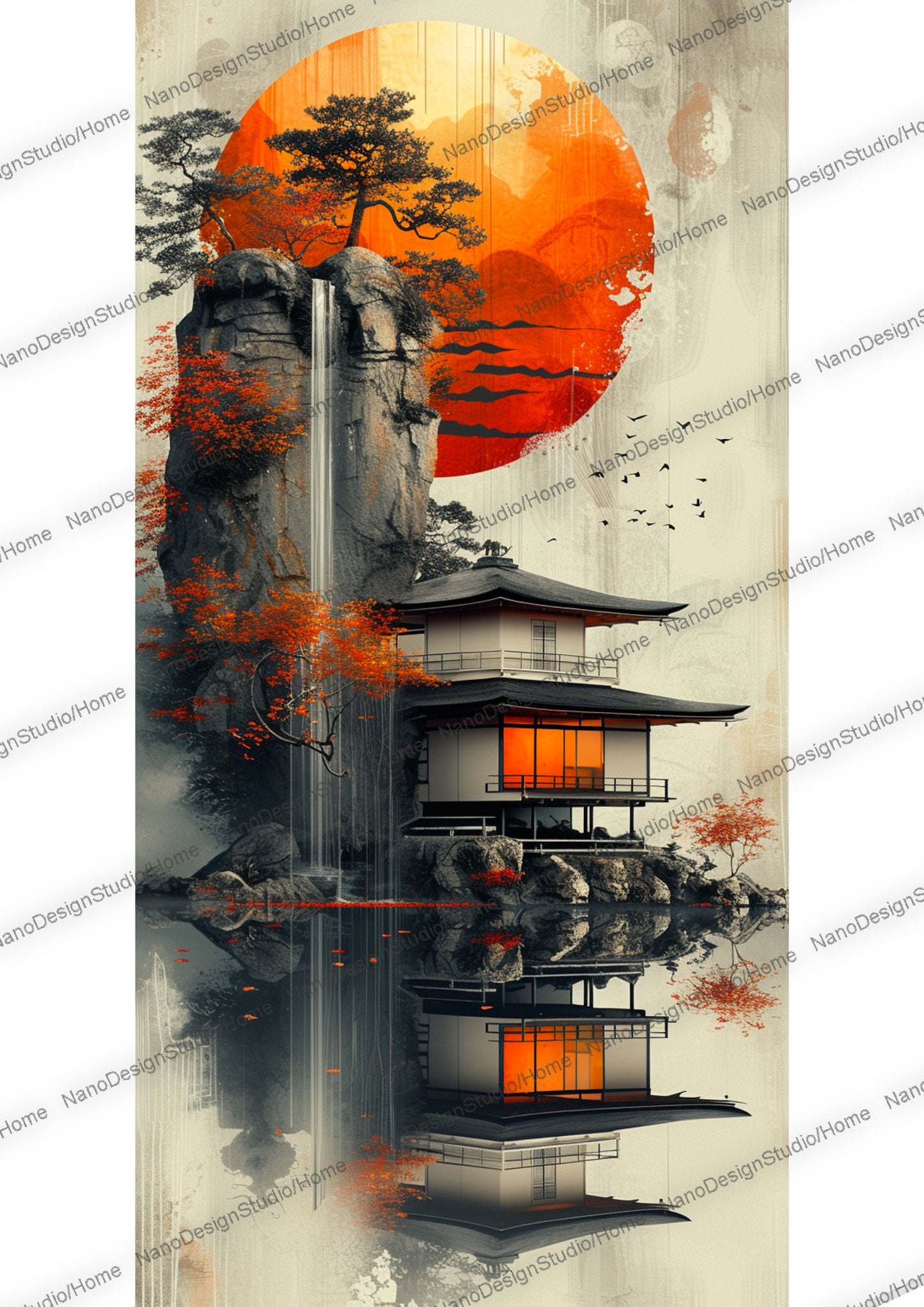 Maison japonaise moderne sur fond d'un soleil orange vibrant et d'une cascade, fusionnant des éléments traditionnels avec un design contemporain. Des feuillages détaillés ajoutent de la richesse à la composition avec une palette de couleurs rouge foncé et noir évoquant un sentiment de mystère et d'intrigue.