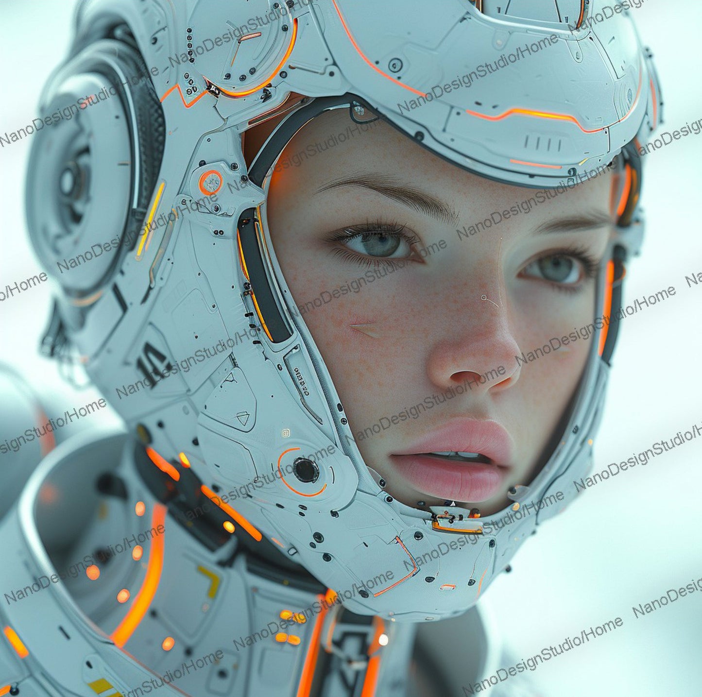 Portrait d'une femme dans une combinaison spatiale blanche avec des néons oranges.