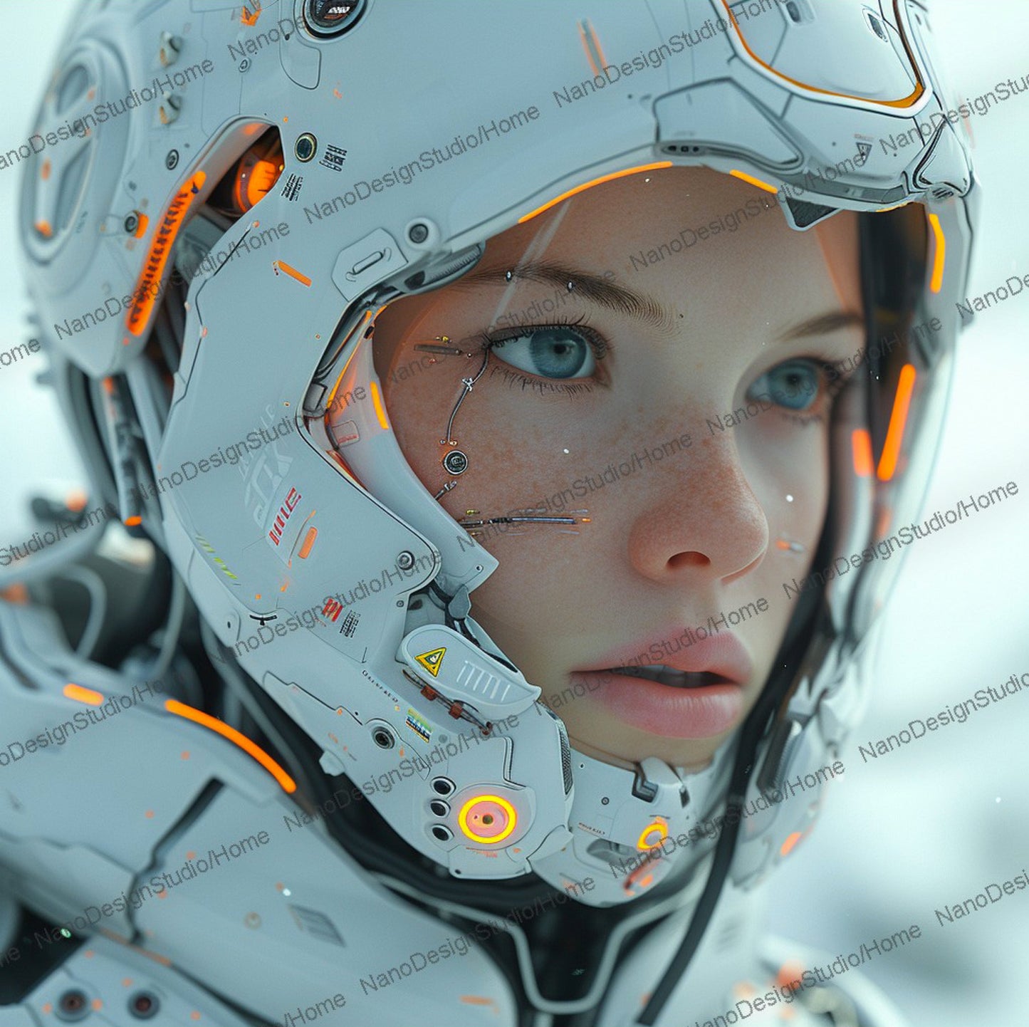 Portrait d'une femme dans une combinaison spatiale blanche avec des néons oranges.