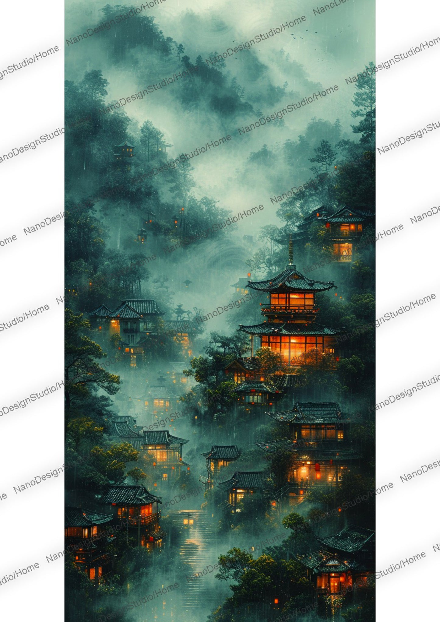 Village de style chinois au pied des montagnes enveloppé de brume et sous la pluie. Les maisons en bois sont éclairées de lumière orange donnant un coté chaleureux à la scène. On peut distinguer au fond de l'image en arrière plan une pagode au milieu de la végétation.