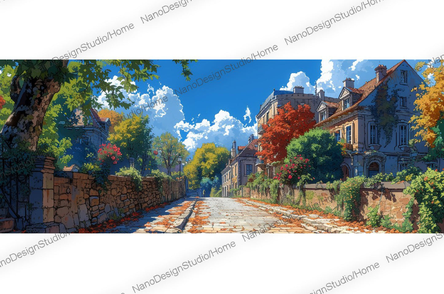 Magnifique route pavée bordée d'arbres et de fleurs colorées avec des murs de pierres ornées. Se cache derrière de grandes maisons élégantes sous un ciel bleu