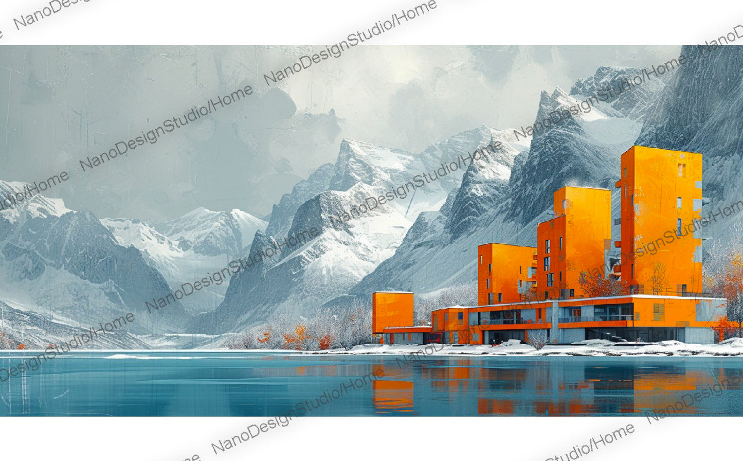 Bâtiments aux couleurs vives et détaillés sur fond de majestueuses montagnes et d'un lac paisible au premier plan.
