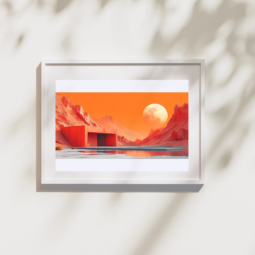 Image dans un cadre au format paysage sur un mur blanc.