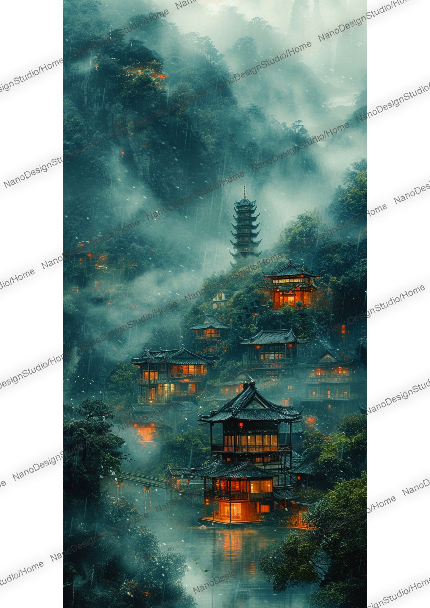 Village de style chinois au pied des montagnes enveloppé de brume et sous la pluie. Les maisons en bois sont éclairées de lumière orange donnant un coté chaleureux à la scène. On peut distinguer au fond de l'image en arrière plan une pagode au milieu de la végétation.