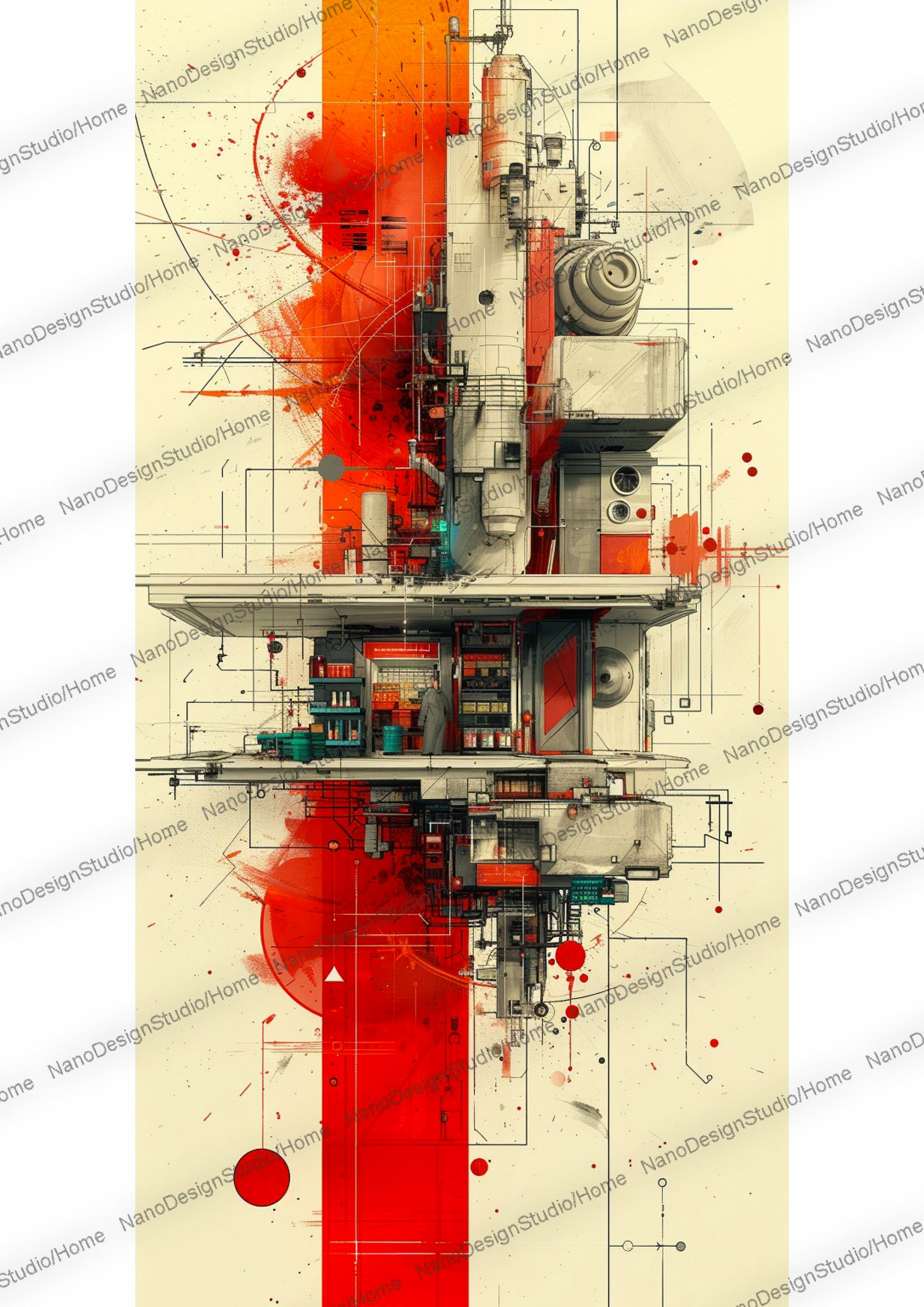 mélange de fragments industriels avec des lignes de construction de type architecturale représentant une épicerie cyberpunk appelé konbini au japon avec pour couleurs dominantes le rouge, orange et noir.