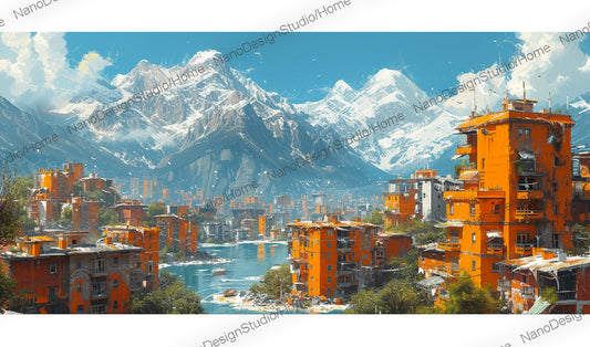 Nichée au coeur des montagnes imposantes, une petite ville émerge avec ses bâtiments oranges vif créant un contraste saisissant avec le paysage naturel.