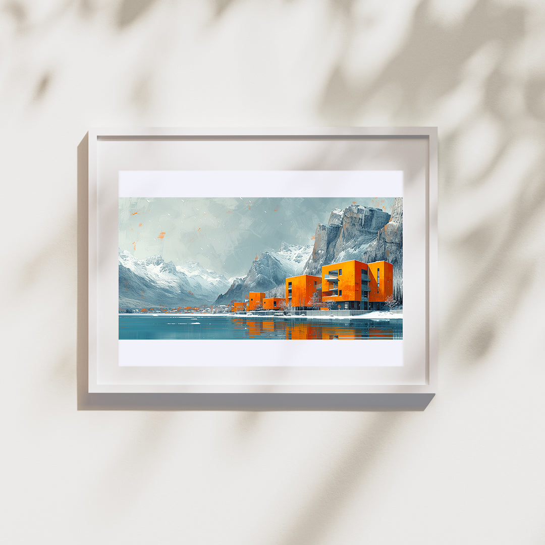 Image dans un cadre au format paysage sur un mur blanc.