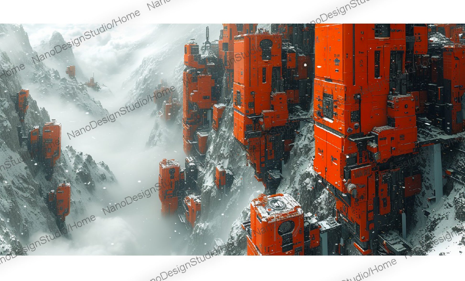 Bâtiments oranges encastrés dans des montagnes de neige rappelant un laboratoire chimique des films de l'univers de James bond dans une ambiance futuriste dystopique.