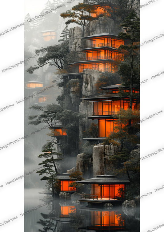 Maison néo moderne aux fenêtres allumées de couleur orange dans une montagne au bord d'un lac dans une ambiance réaliste et mystique.