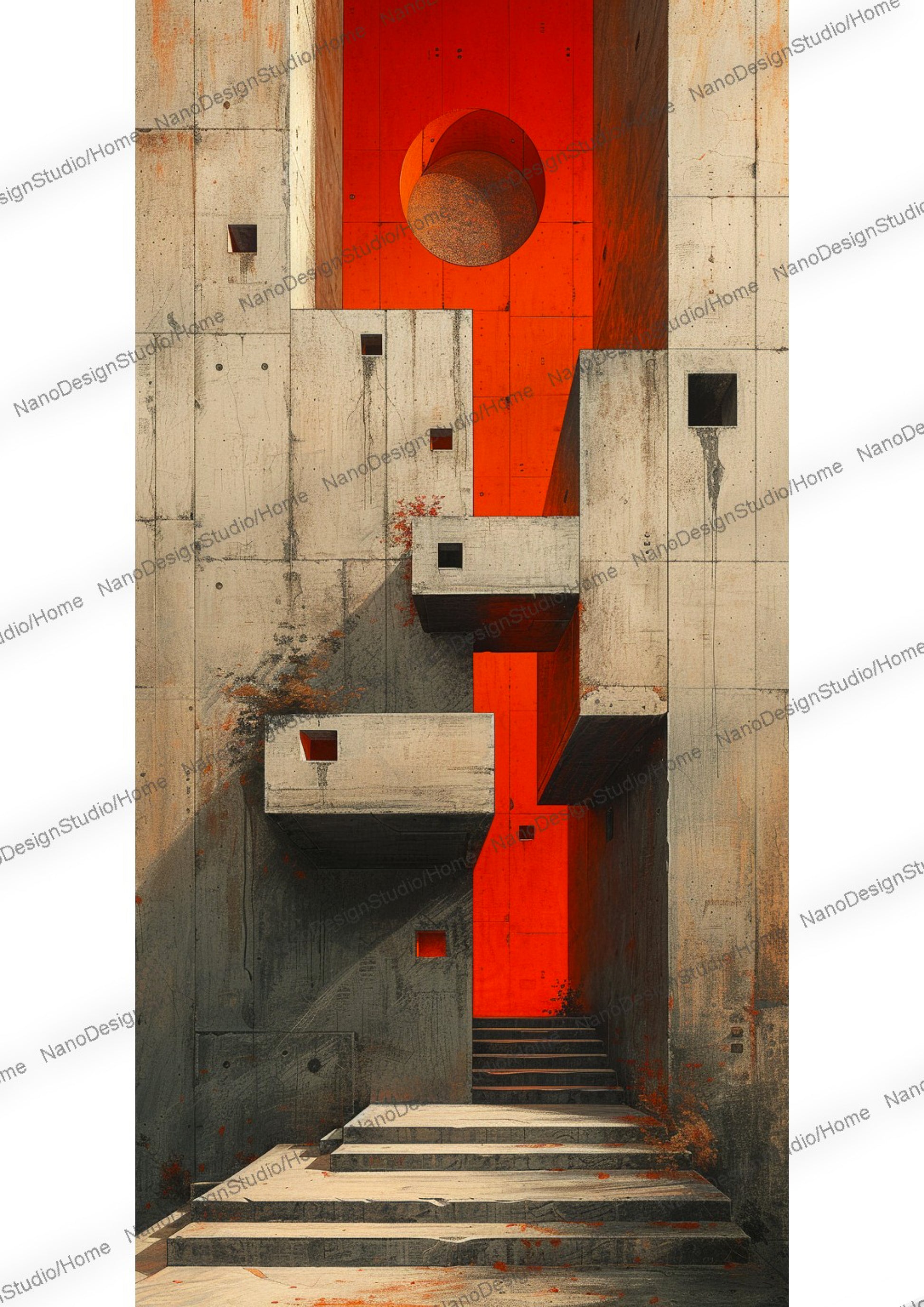 Rendu minimaliste et réaliste d'une façade de bâtiment beige constituée de formes cubiques en béton. Des fenêtres de forme ronde se situent en arrière plan faisant ressortir la façade. Un tapis rouge/orange en forme d'escalier mène droit a l'entrée du bâtiment.