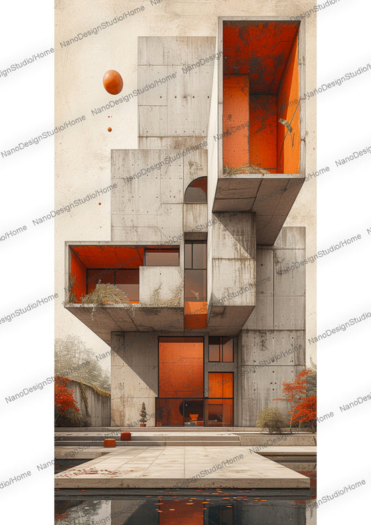 Architecture néo moderne en béton beige avec des murs intérieurs orange. Le bâtiment au dessus d'une surface d'eau est composé de fenêtres rondes et rectangulaires.