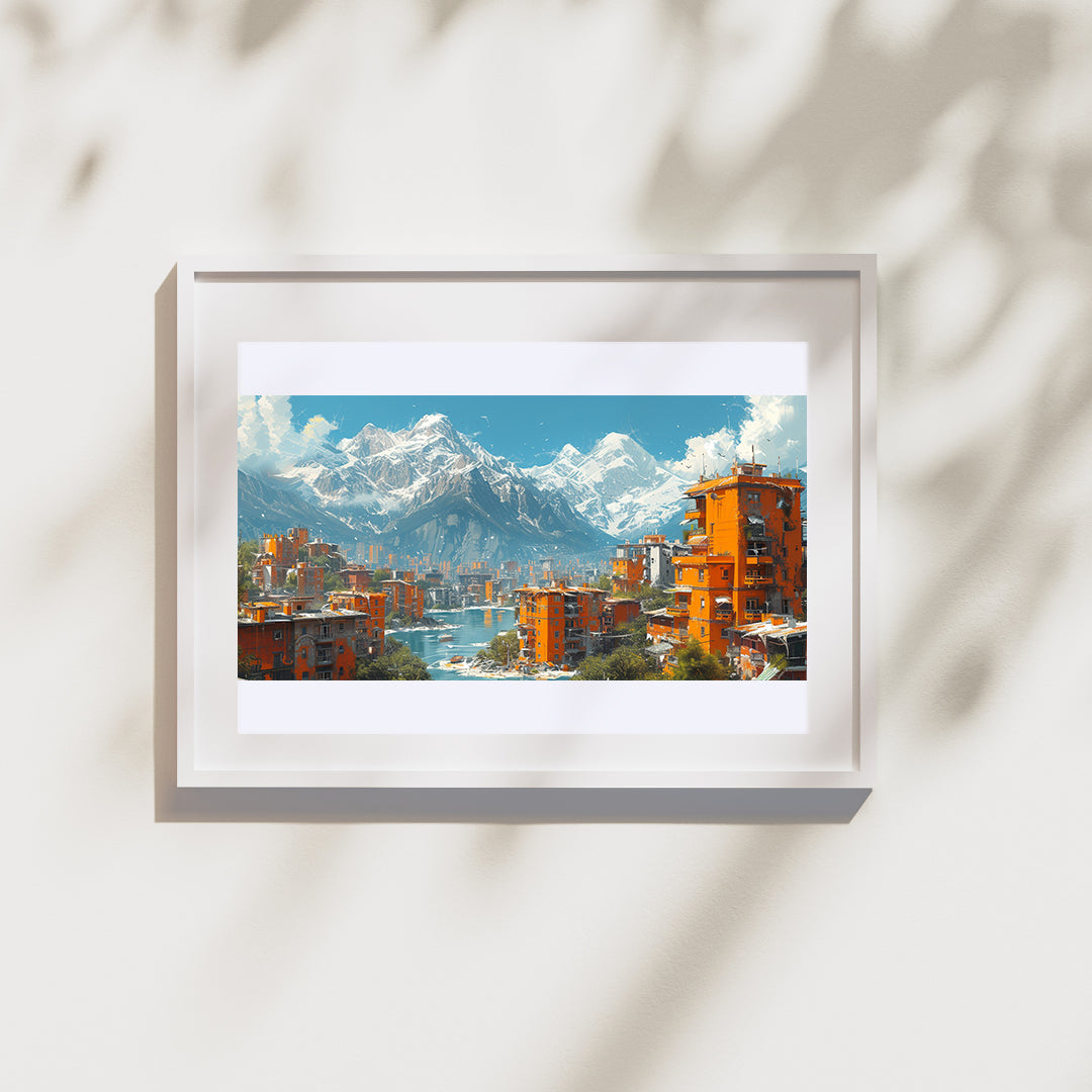 Image dans un cadre au format paysage sur un mur blanc.