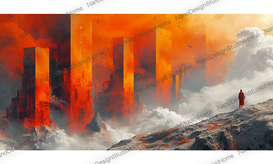 Eruption de bâtiments sortant des montagnes comme de la lave avec un homme debout au sommet d'une montagne regardant les immeubles entourés de nuages blancs.