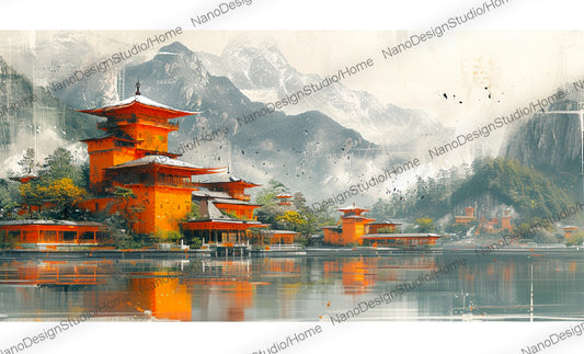 Ensemble de bâtiments à l'architecture chinoise situés sur des eaux tranquilles ornées de bâtiments orange vif avec en arrière plan de majestueuses montagnes.