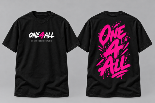 T-shirt homme noir ONE4ALL, impression rose fuchsia — Édition Octobre Rose, NanoDesignStudio