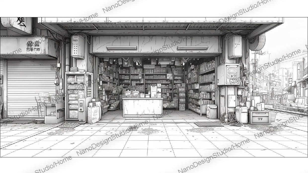 Concept art d'une épicerie japonaise en noir et blanc avec beaucoup d'articles sur les étagères et le comptoir dans un style cyberpunk.