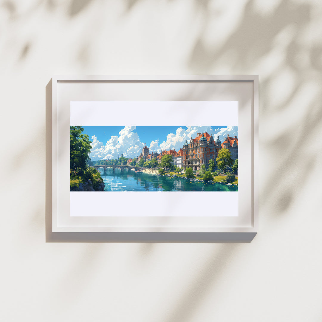 Image dans un cadre au format paysage sur un mur blanc.