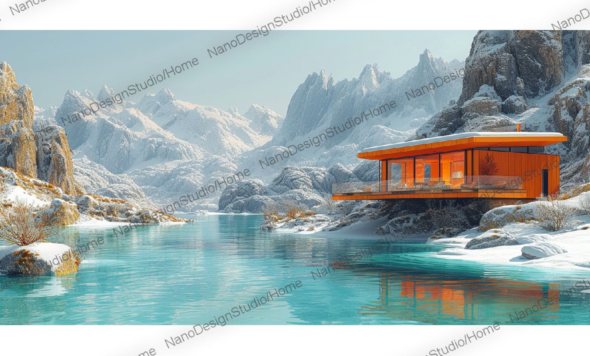 Petite maison moderne orange sur les rives d'un lac émeraude avec en toile de fond des montagnes enneigées.