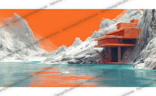 Une maison futuriste orange au bord d'un lac glacé encadré par des falaises imposantes et des rochers blancs.