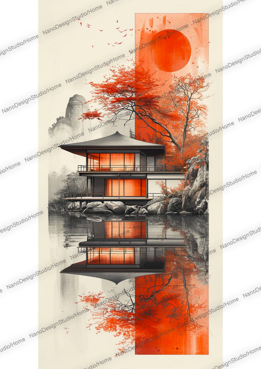 Maison de style japonaise et/ou d'un arbre paisiblement entouré d'eau, le beige et le orange domine la scène.