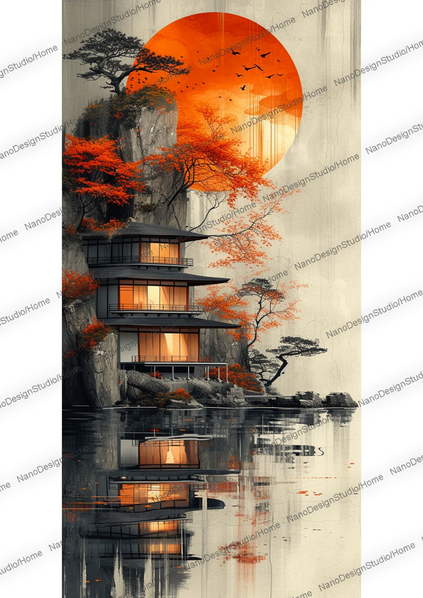 Maison japonaise moderne sur fond d'un soleil orange vibrant et d'une cascade, fusionnant des éléments traditionnels avec un design contemporain. Des feuillages détaillés ajoutent de la richesse à la composition avec une palette de couleurs rouge foncé et noir évoquant un sentiment de mystère et d'intrigue. ovation se rencontrent.