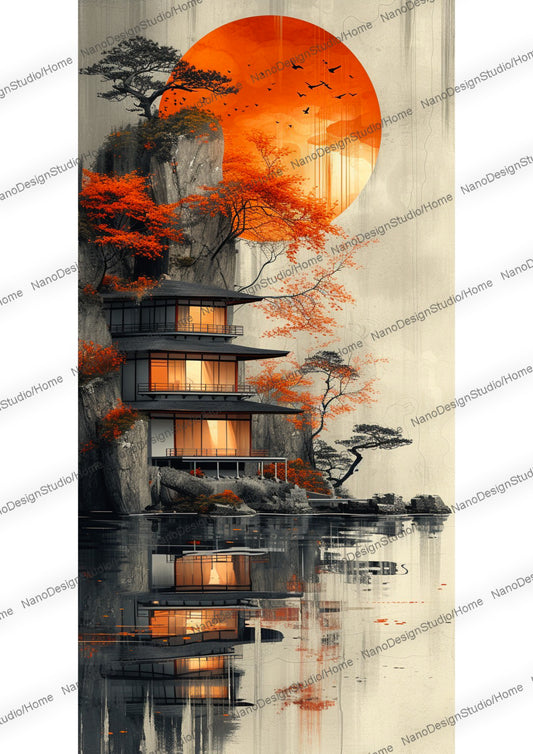 Maison japonaise moderne sur fond d'un soleil orange vibrant et d'une cascade, fusionnant des éléments traditionnels avec un design contemporain. Des feuillages détaillés ajoutent de la richesse à la composition avec une palette de couleurs rouge foncé et noir évoquant un sentiment de mystère et d'intrigue. ovation se rencontrent.