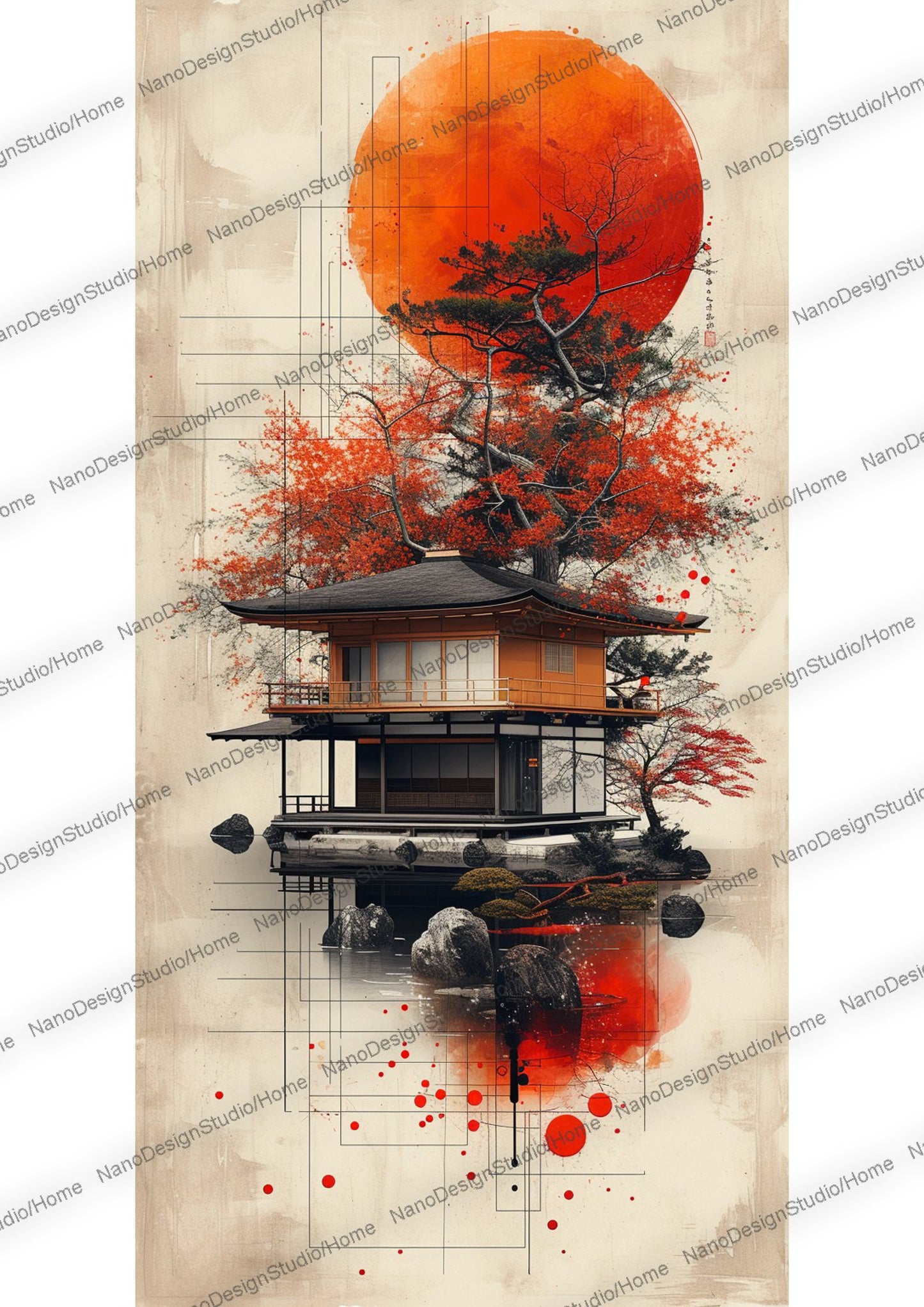 Maison japonaise sur un lac enveloppée d'une ambiance éthérée avec en fond une lune rouge et des arbres aux feuilles oranges/rouges vibrants.