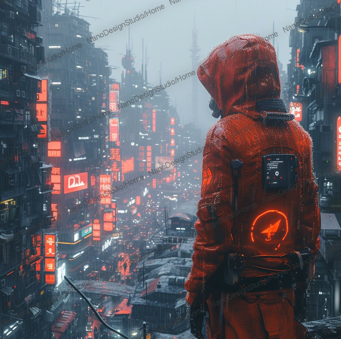 Un personnage au style cyberpunk dans une combinaison d'astronaute rouge avec une capuche et un sac a dos se tient debout en hauteur face un paysage urbain rempli d'immeuble éclairé par des néons lumineux publicitaires.