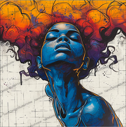 Illustration d'une femme africaine avec une peau bleue vibrante, ses cheveux irradiant comme le feu dans des tons de rouge et d'orange devant un mur beige.