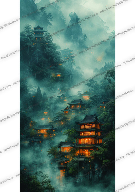 Village de style chinois au pied des montagnes enveloppé de brume et sous la pluie. Les maisons en bois sont éclairées de lumière orange donnant un coté chaleureux à la scène. On peut distinguer au fond de l'image en arrière plan une pagode au milieu de la végétation. 