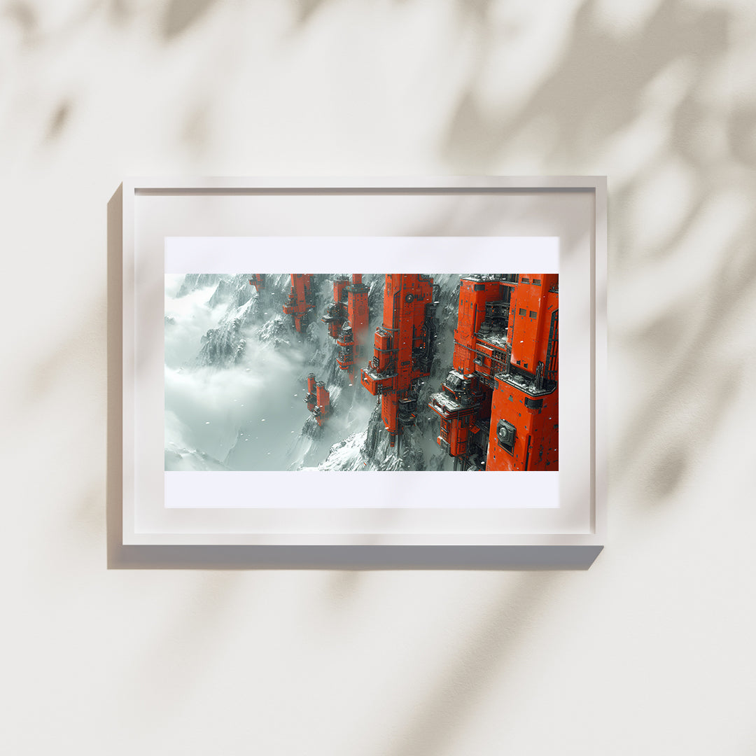 Image dans un cadre au format paysage sur un mur blanc.