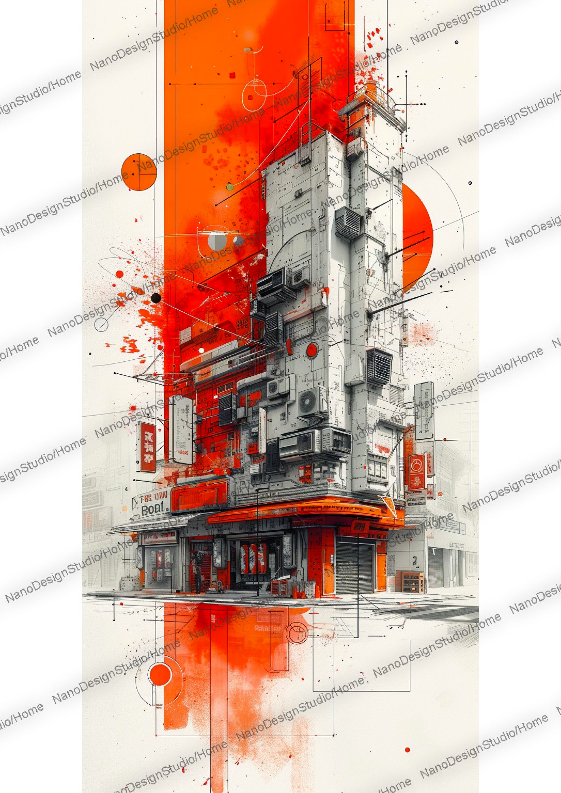 mélange de fragments industriels avec des lignes de construction de type architecturale représentant une épicerie cyberpunk appelé konbini au japon avec pour couleurs dominantes le rouge, orange et noir.