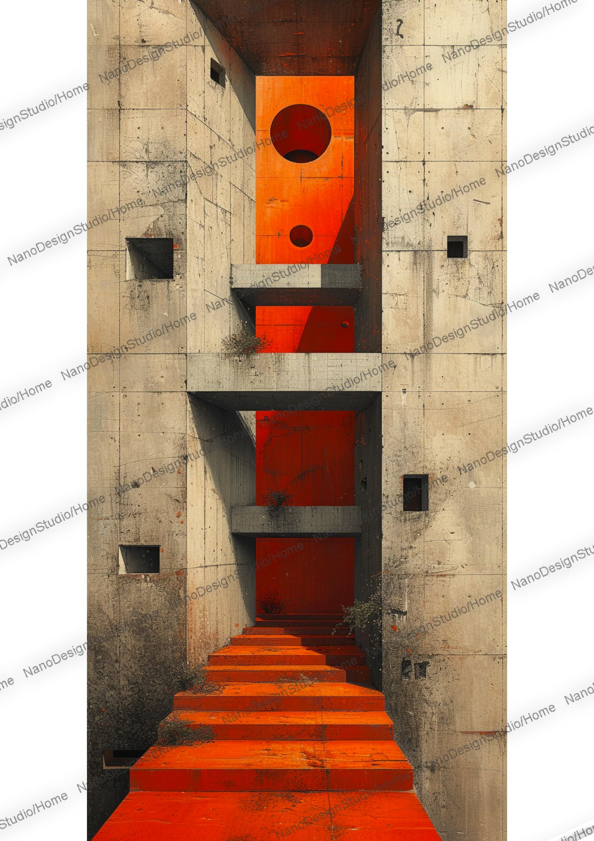 Rendu minimaliste et réaliste d'une façade de bâtiment beige constituée de formes cubiques en béton. Des fenêtres de forme ronde se situent en arrière plan faisant ressortir la façade. Un tapis rouge/orange en forme d'escalier mène droit a l'entrée du bâtiment.