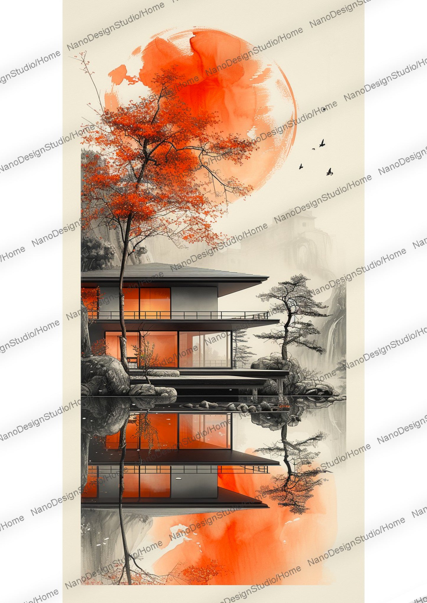 Maison de style japonaise et/ou d'un arbre paisiblement entouré d'eau, le beige et le orange domine la scène.