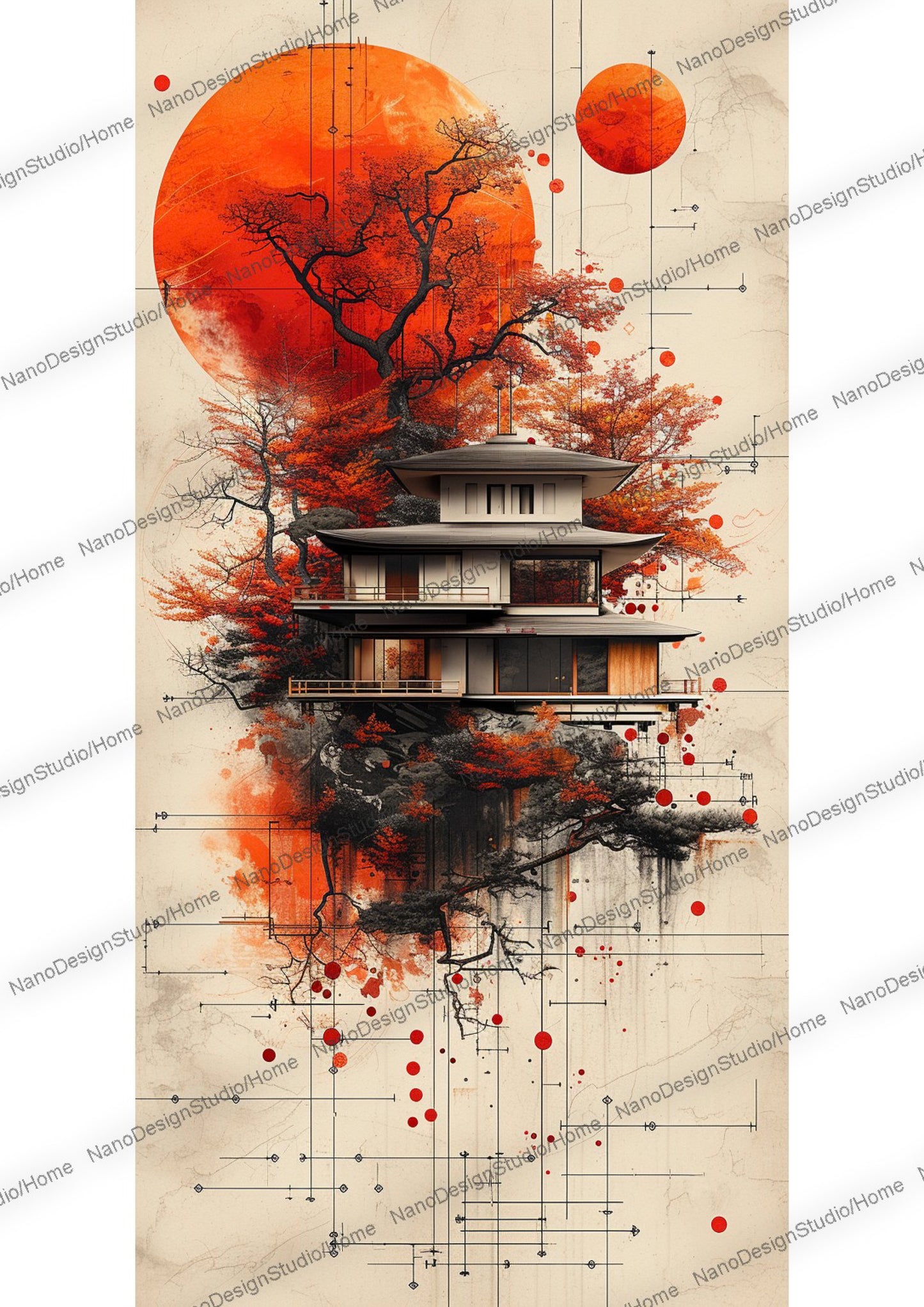 Maison japonaise sur un lac enveloppée d'une ambiance éthérée avec en fond une lune rouge et des arbres aux feuilles oranges/rouges vibrants.