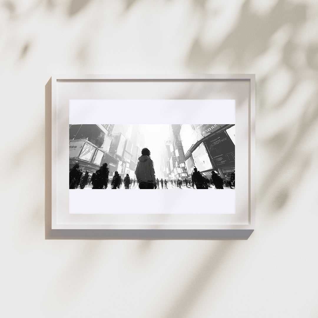 Image dans un cadre au format paysage sur un mur blanc.