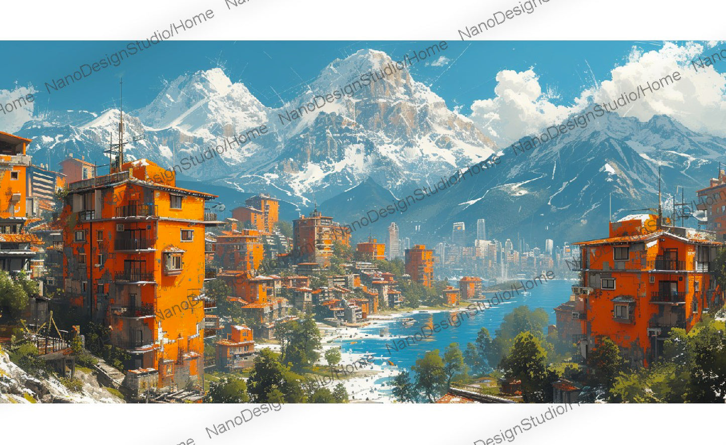 Nichée au coeur des montagnes imposantes, une petite ville émerge avec ses bâtiments oranges vif créant un contraste saisissant avec le paysage naturel.