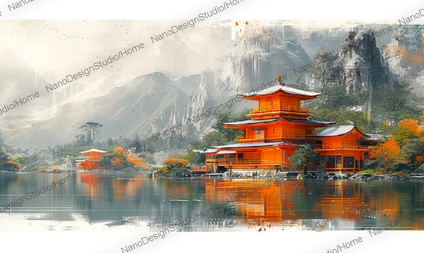 Ensemble de bâtiments à l'architecture chinoise situés sur des eaux tranquilles ornées de bâtiments orange vif avec en arrière plan de majestueuses montagnes.