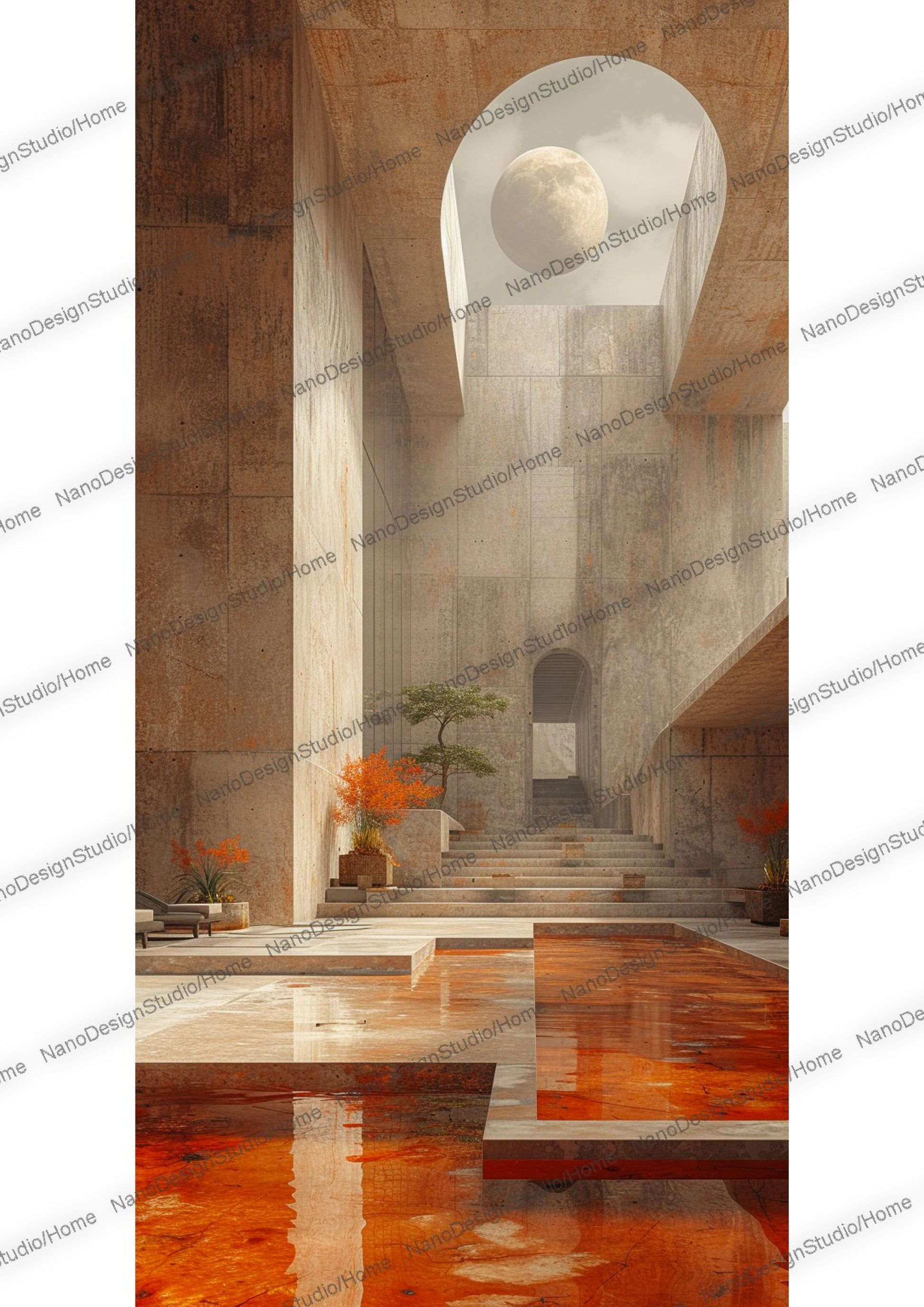 Rendu de type architectural d'un intérieur spatial en béton beige avec une grande fenêtre ronde ainsi qu'une piscine intérieure orange et quelques plantes vertes.