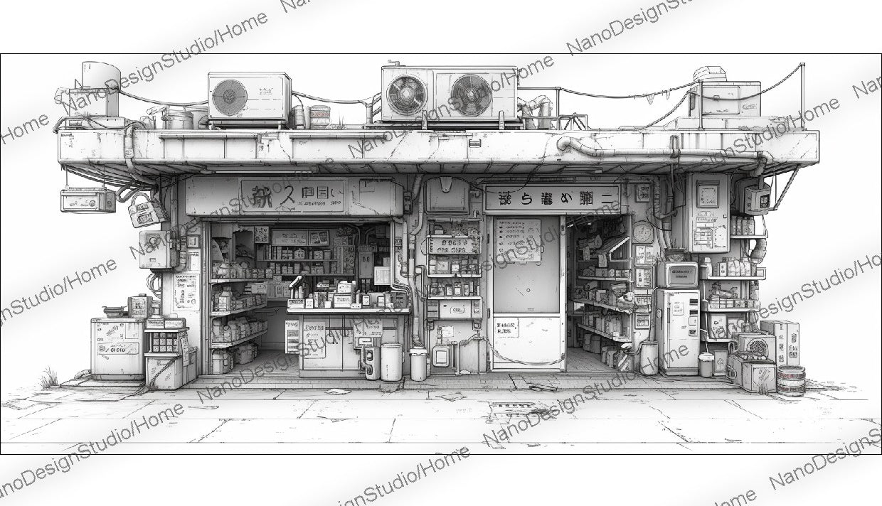 Concept art d'une épicerie japonaise en noir et blanc avec beaucoup d'articles sur les étagères et le comptoir dans un style cyberpunk.