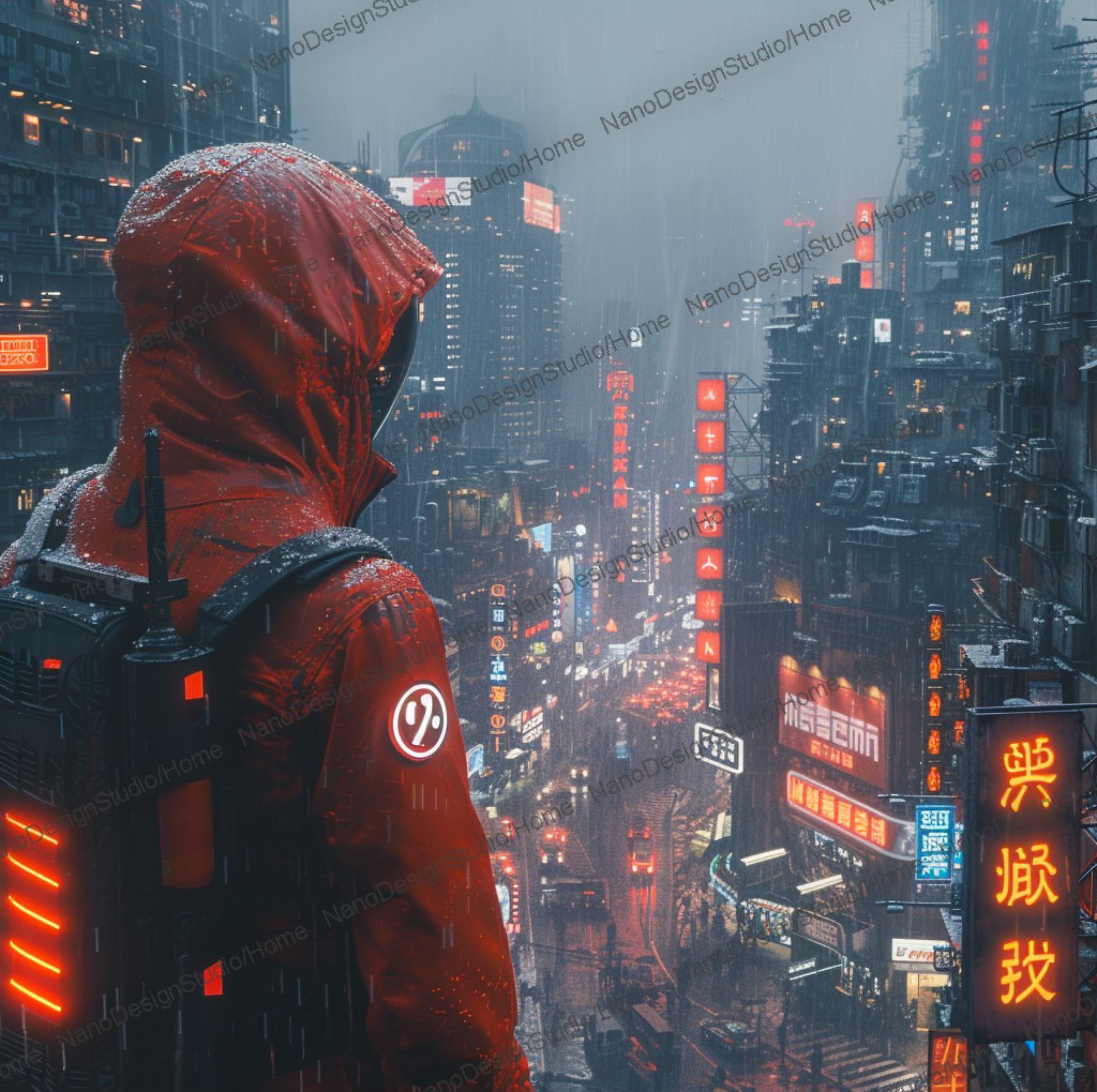 Un personnage au style cyberpunk dans une combinaison d'astronaute rouge avec une capuche et un sac a dos se tient debout en hauteur face un paysage urbain rempli d'immeuble éclairé par des néons lumineux publicitaires.