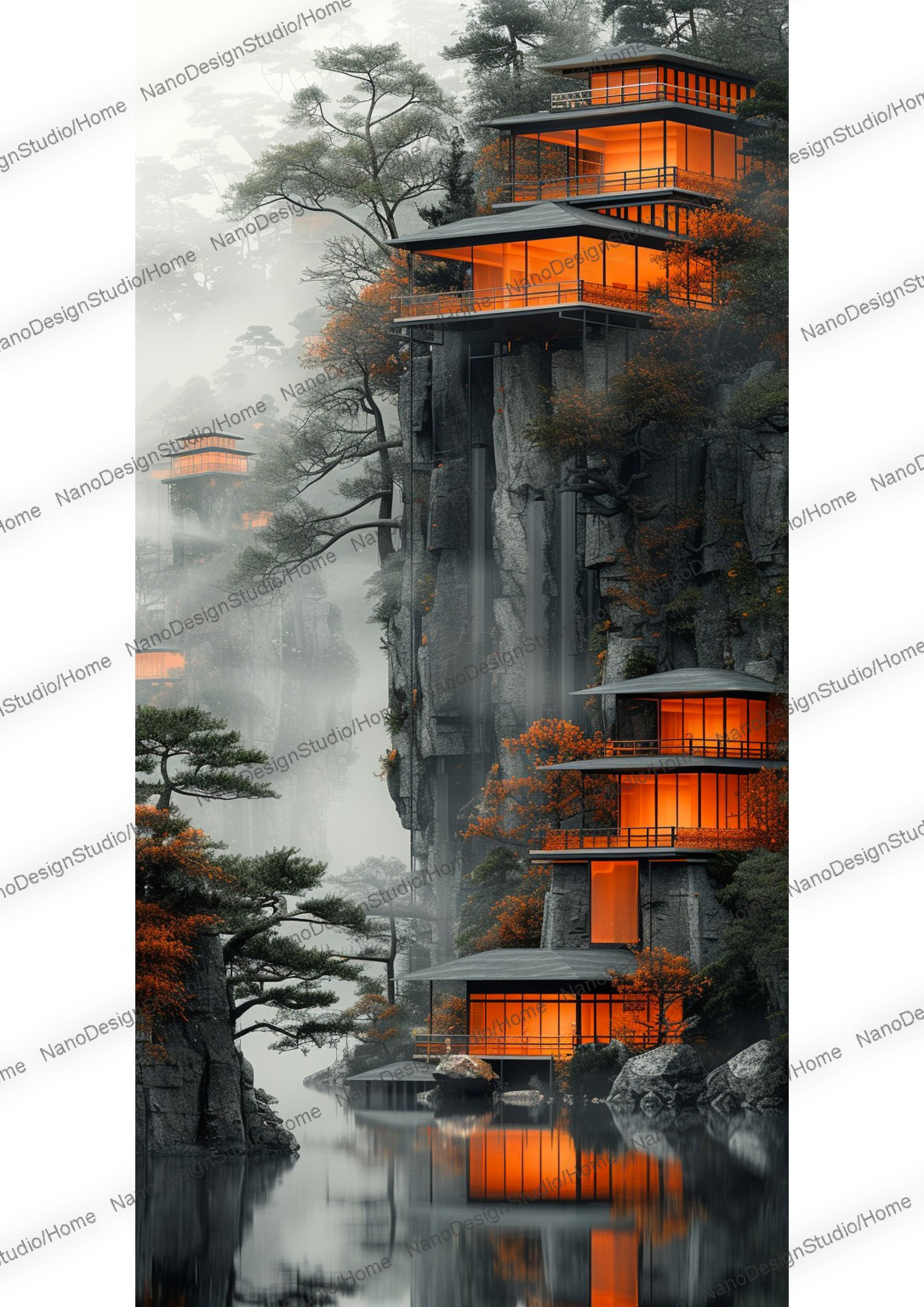 Maison néo moderne aux fenêtres allumées de couleur orange dans une montagne au bord d'un lac dans une ambiance réaliste et mystique.