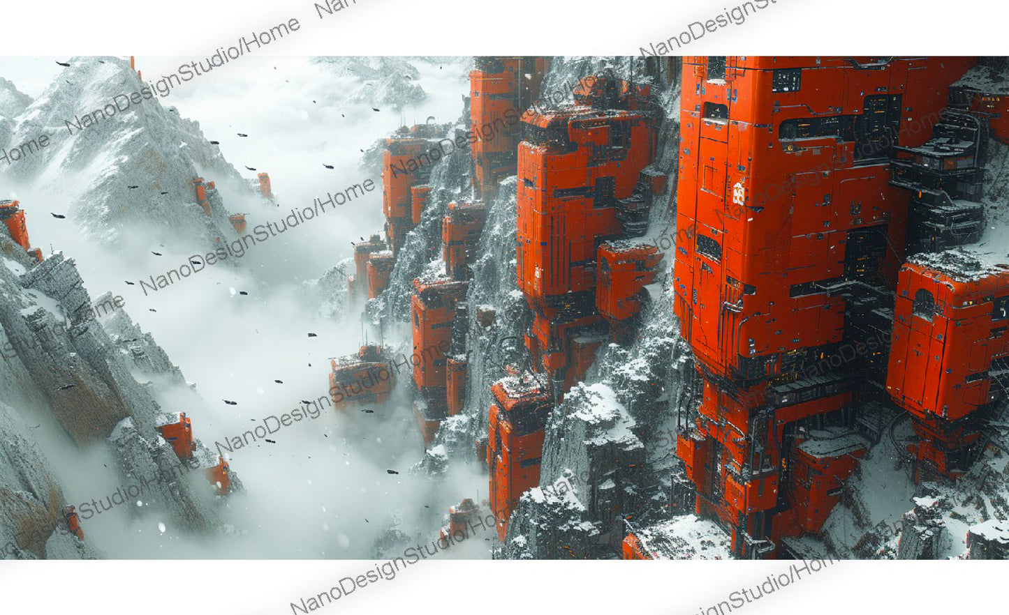 Bâtiments oranges encastrés dans des montagnes de neige rappelant un laboratoire chimique des films de l'univers de James bond dans une ambiance futuriste dystopique.